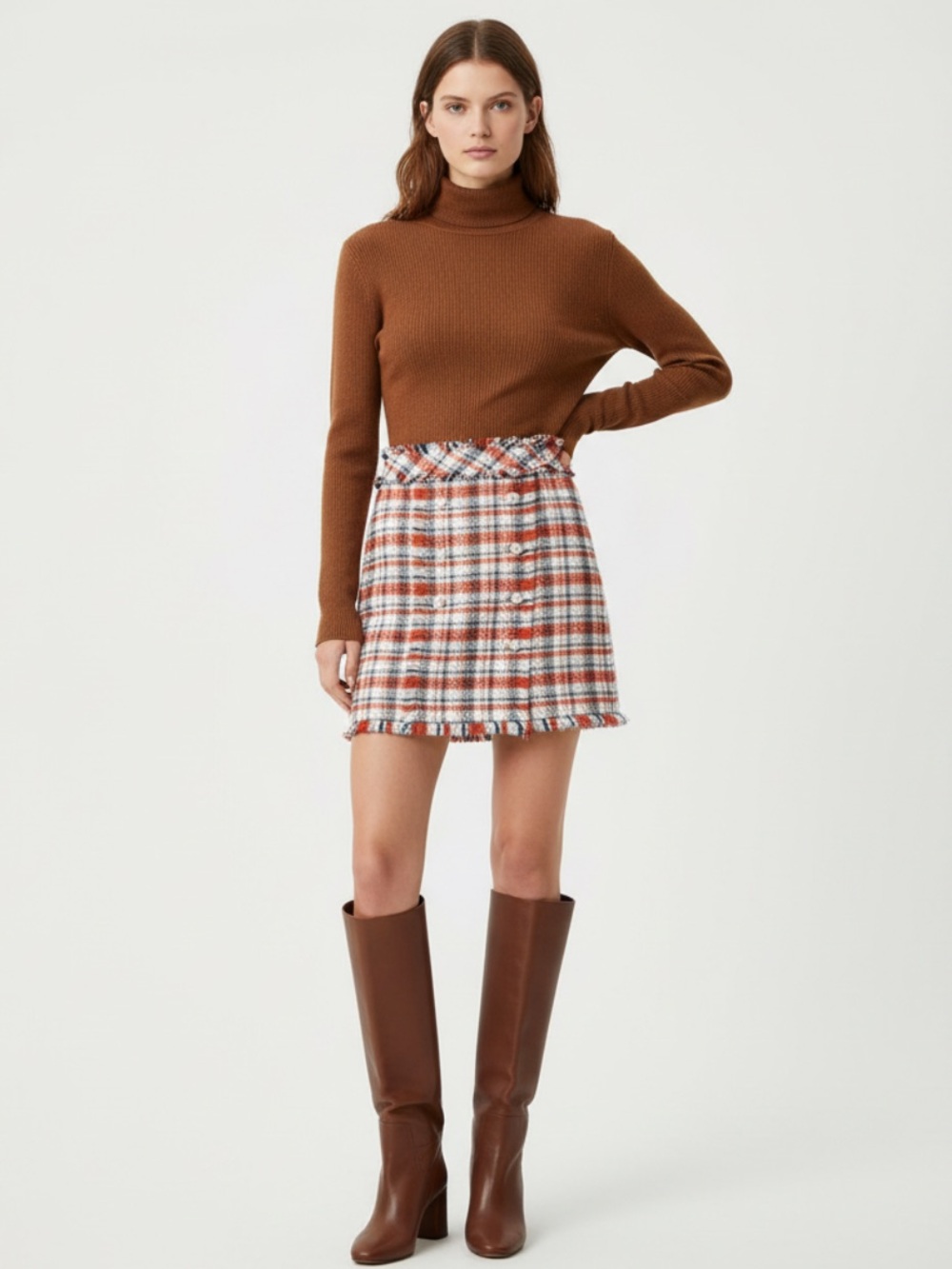 Sans Souci Orange, White and Navy Plaid Button-Front Mini Skirt Frayed Hem